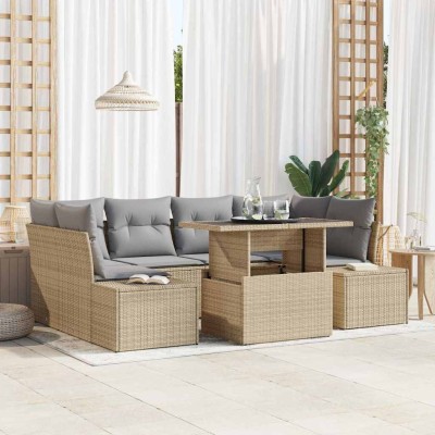 Conjunto de sofá de jardín con cojín 7 pcs Beige y Gris Claro