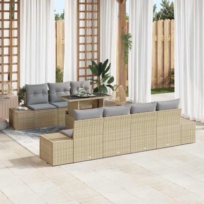 Conjunto de sofá de jardín con cojín 8 pcs Beige y Gris Claro