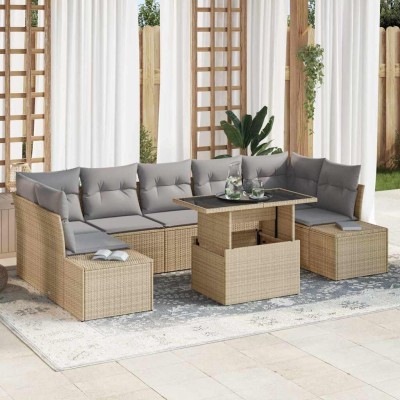 Conjunto de sofá de jardín con cojín 8 pcs Beige y Gris Claro
