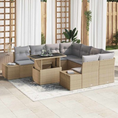 Conjunto de sofá de jardín con cojín 9 pcs Beige y Gris Claro
