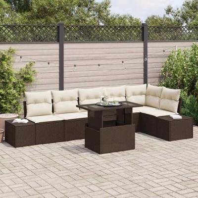 Conjunto de sofá de jardín 7 pcs Marrón Poliratán