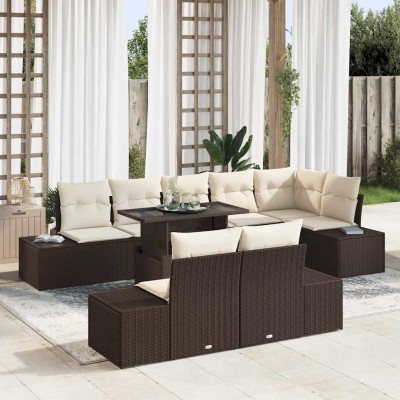 Conjunto de sofá de jardín 9 pcs Marrón Poliratán