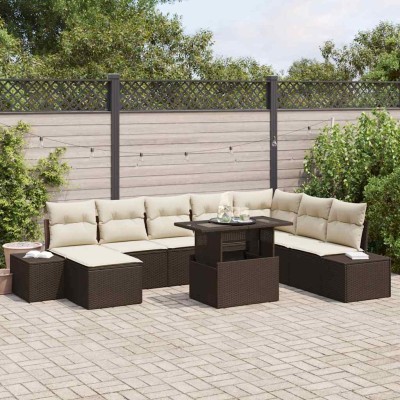 Conjunto de sofá de jardín 9 pcs Marrón Poliratán