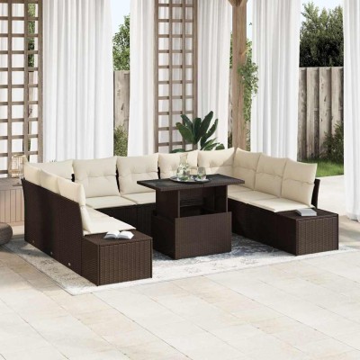 Conjunto de sofá de jardín 10 pcs Marrón Poliratán