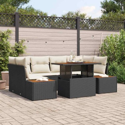 Conjunto de sofá de jardín 7 pcs Negro Poliratán
