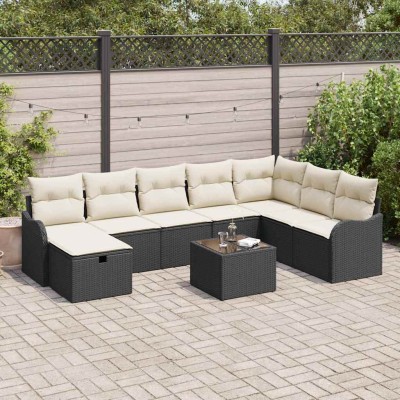 Conjunto de sofá de jardín con cojín 9 pcs Negro y crema