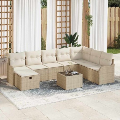 Conjunto de sofá de jardín con cojín 9 pcs beige y crema