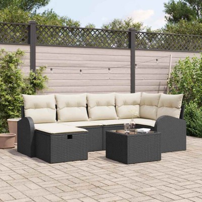 Conjunto de sofá de jardín con cojín 7 pcs Negro y crema