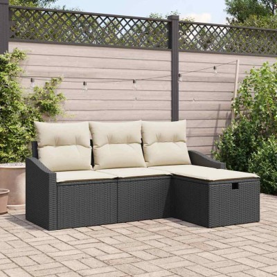 Conjunto de sofá de jardín con cojín 4 pcs Negro Poliratán
