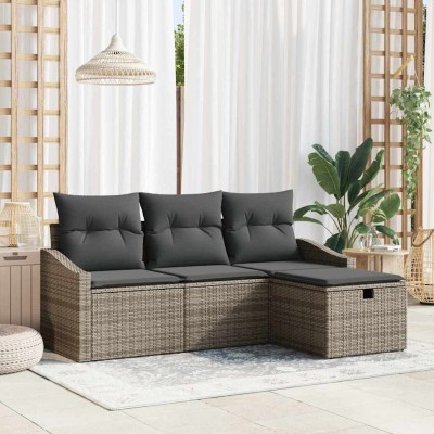 Conjunto de sofá de jardín con cojín 4 pcs Gris Poliratán