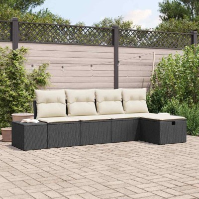 Conjunto de sofá de jardín con cojín 5 pcs Negro Poliratán