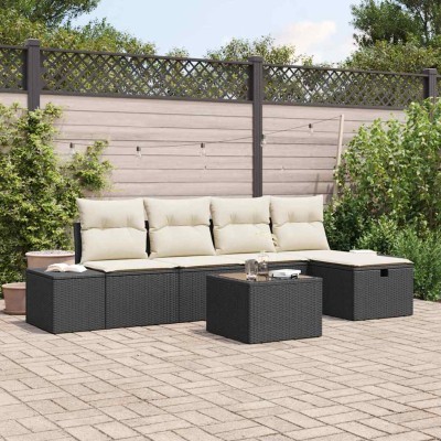 Conjunto de sofá de jardín con cojín 6 pcs Negro Poliratán