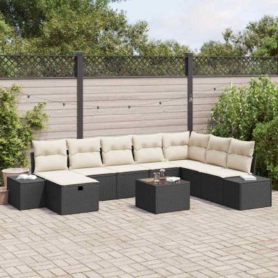 Conjunto de sofá de jardín con cojín 9 pcs Negro Poliratán