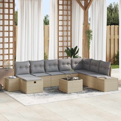 Conjunto de sofá de jardín con cojín 9 pcs Beige Poliratán