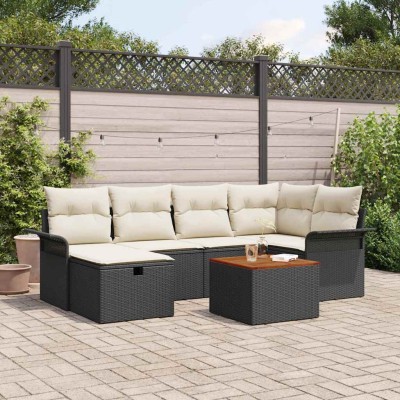 Conjunto de sofá de jardín con cojín 7 pcs Negro Poliratán