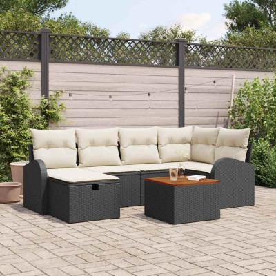 Conjunto de sofá de jardín con cojín 7 pcs Negro Poliratán