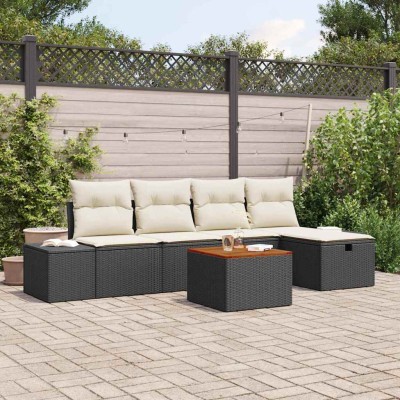 Conjunto de sofá de jardín con cojín 6 pcs Negro Poliratán