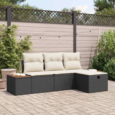 Conjunto de sofá de jardín con cojín 4 pcs Negro Poliratán