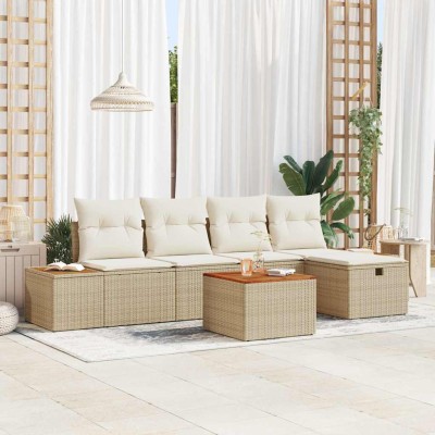 Conjunto de sofá de jardín con cojín 6 pcs Beige Poliratán