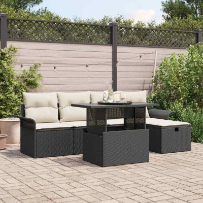 Conjunto de sofá de jardín con cojín 6 pcs Negro Poliratán