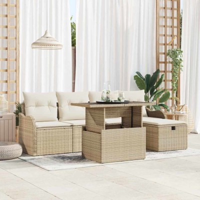 Conjunto de sofá de jardín con cojín 6 pcs Beige Poliratán