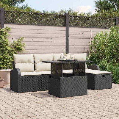 Conjunto de sofá de jardín con cojín 6 pcs Negro Poliratán