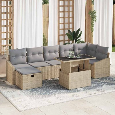 Conjunto de sofá de jardín con cojín 8 pcs Beige Poliratán