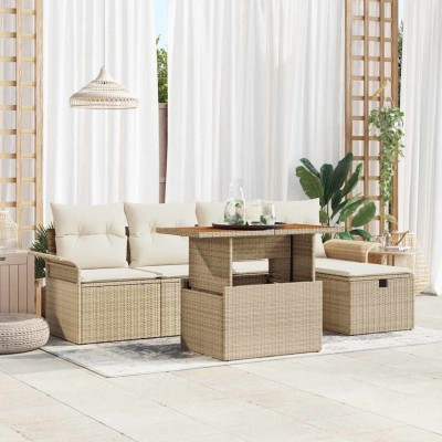 Conjunto de sofá de jardín con cojín 6 pcs Beige Poliratán