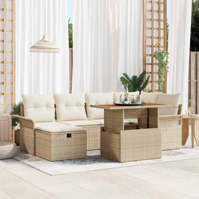 Conjunto de sofá de jardín con cojín 7 pcs Beige Poliratán