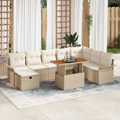 Conjunto de sofá de jardín con cojín 9 pcs Beige Poliratán