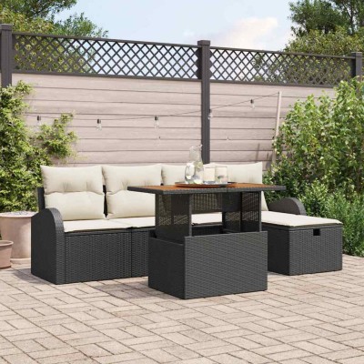 Conjunto de sofá de jardín con cojín 6 pcs Negro Poliratán