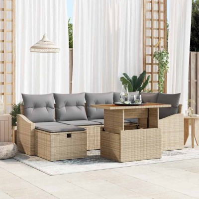 Conjunto de sofá de jardín con cojín 7 pcs Beige Poliratán