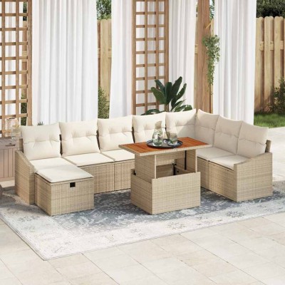Conjunto de sofá de jardín con cojín 9 pcs Beige Poliratán