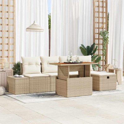 Conjunto de sofá de jardín con cojín 6 pcs Beige Poliratán