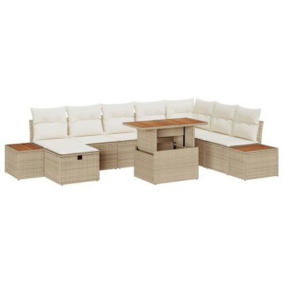 Conjunto de sofá de jardín con cojín 9 pcs Beige Poliratán
