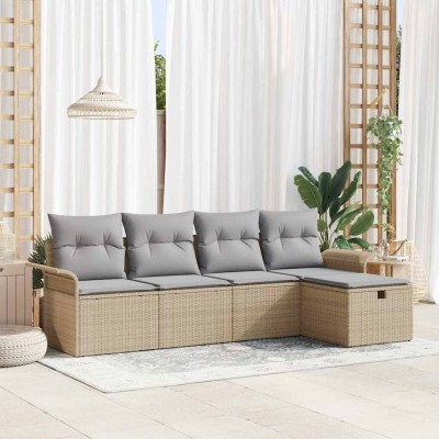 Conjunto de sofá de jardín con cojín 5 pcs Beige Poliratán