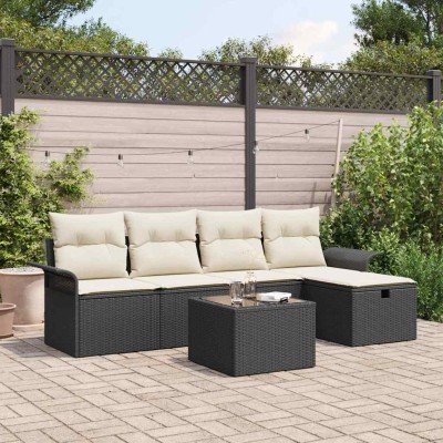 Conjunto de sofá de jardín con cojín 6 pcs Negro Poliratán