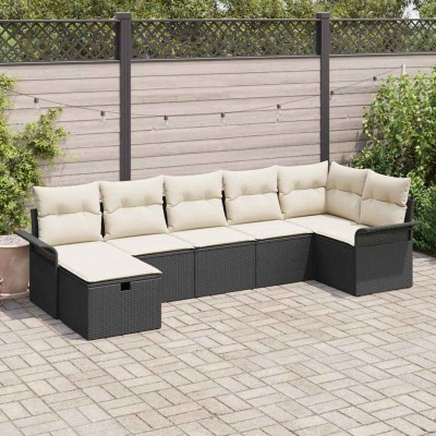 Conjunto de sofá de jardín con cojín 7 pcs Negro Poliratán