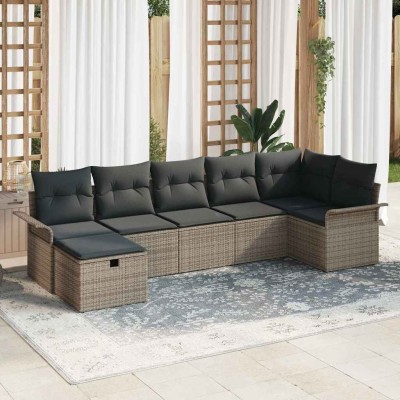 Conjunto de sofá de jardín con cojín 7 pcs Gris Poliratán