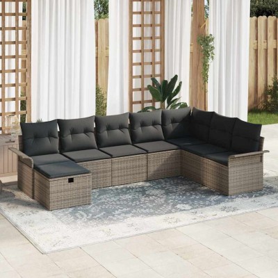 Conjunto de sofá de jardín con cojín 8 pcs Gris Poliratán