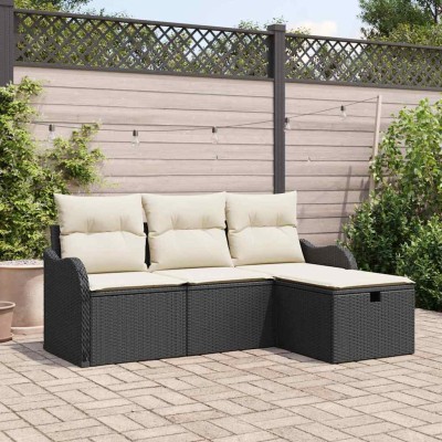 Conjunto de sofá de jardín con cojín 4 pcs Negro Poliratán