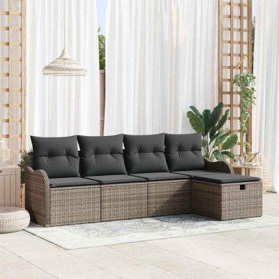 Conjunto de sofá de jardín con cojín 5 pcs Gris Poliratán
