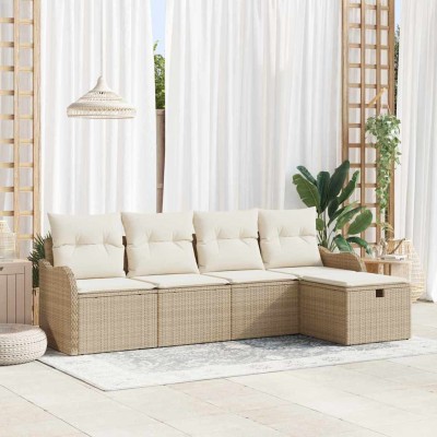 Conjunto de sofá de jardín con cojín 5 pcs Beige Poliratán