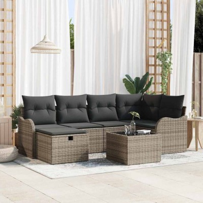 Conjunto de sofá de jardín con cojín 7 pcs Gris Poliratán