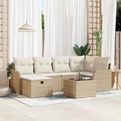 Conjunto de sofá de jardín con cojín 7 pcs Beige Poliratán