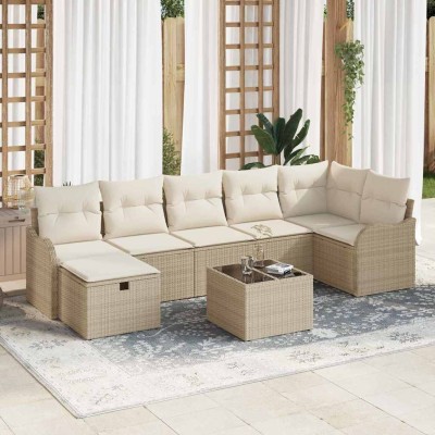 Conjunto de sofá de jardín con cojín 8 pcs Beige Poliratán