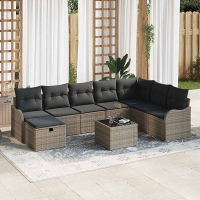 Conjunto de sofá de jardín con cojín 9 pcs Gris Poliratán