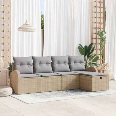 Conjunto de sofá de jardín con cojín 5 pcs Beige Poliratán