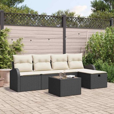 Conjunto de sofá de jardín con cojín 6 pcs Negro Poliratán