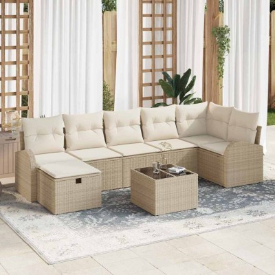 Conjunto de sofá de jardín con cojín 8 pcs Beige Poliratán